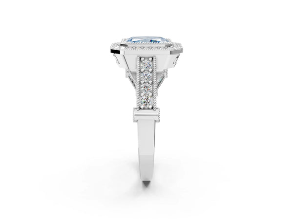 Sterling Silver Radiant Cut Vintage Bezel Halo Engagement Ring Setting for Fancy Blue Center