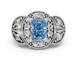 Silver Fancy Blue Radiant Cut Halo Milgrain Diamond Engagement Ring with Leaf Band and Four-Prong Setting_12