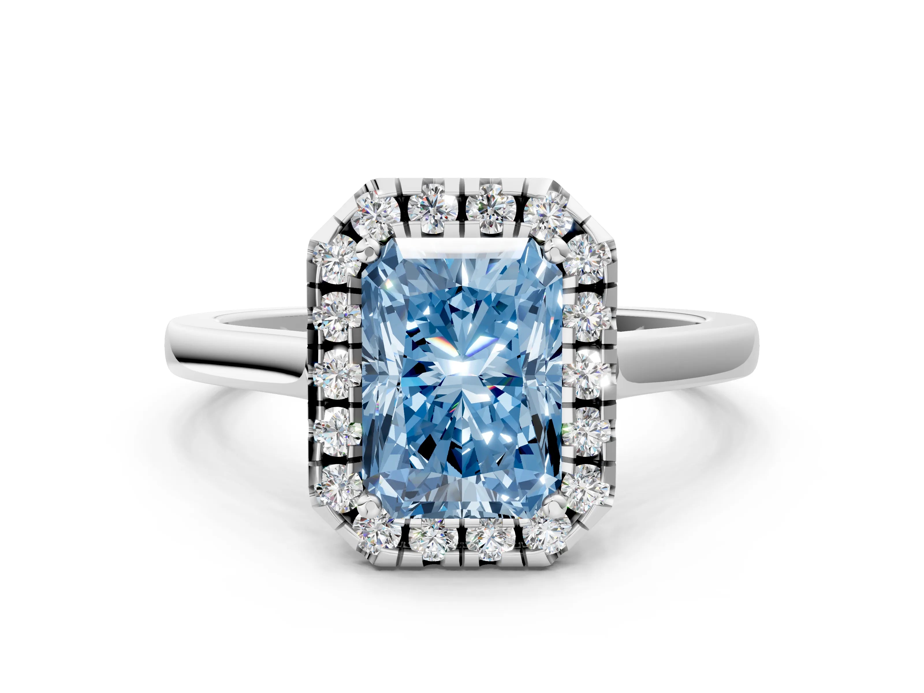 Silver Fancy Blue Radiant Cut Halo Round Diamond Solitaire Ring with Pavé Band and Four-Prong Setting_24