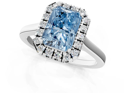 Silver Fancy Blue Radiant Cut Halo Round Diamond Solitaire Ring with Pavé Band and Four-Prong Setting_25