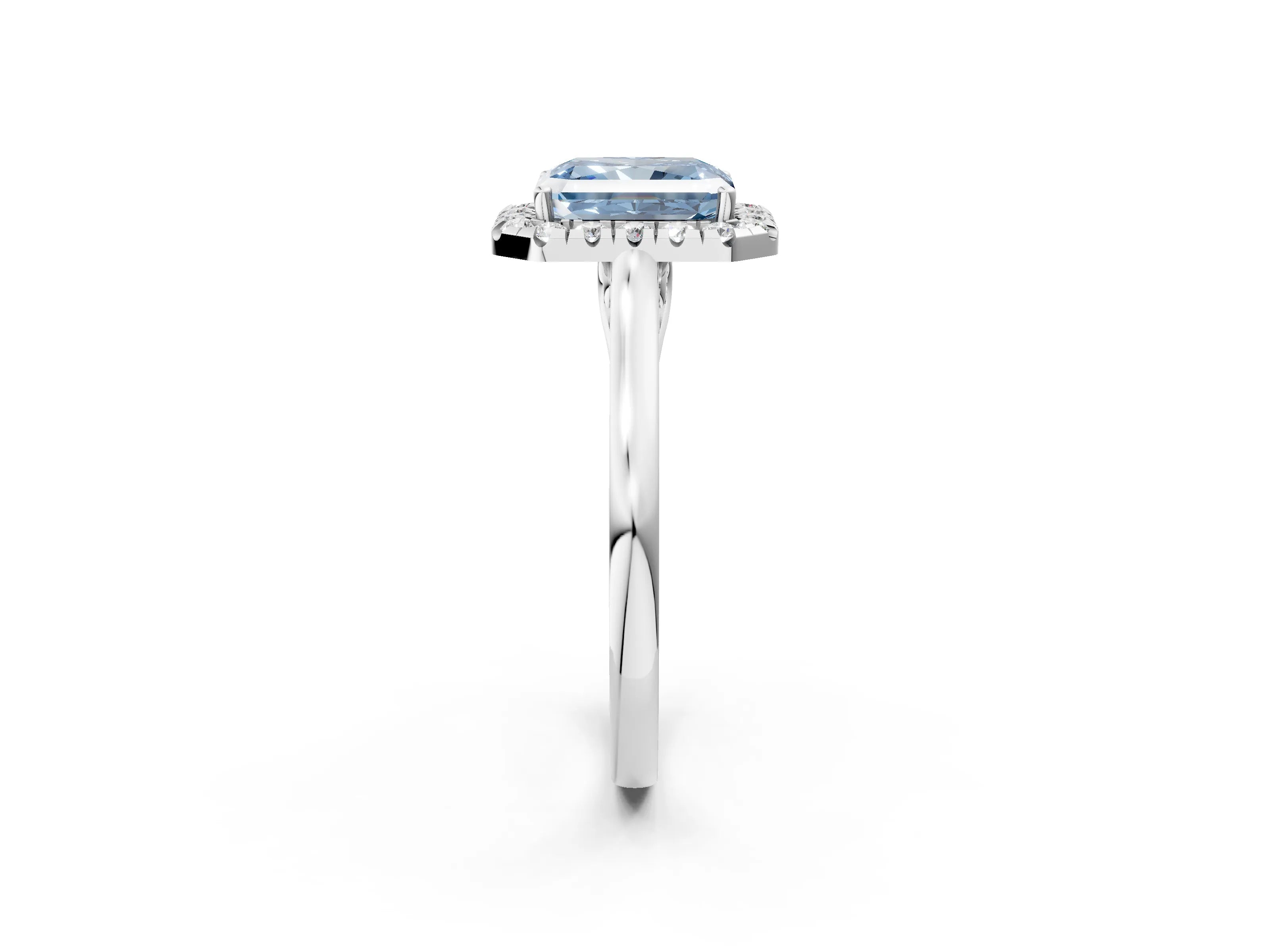 Silver Fancy Blue Radiant Cut Halo Round Diamond Solitaire Ring with Pavé Band and Four-Prong Setting_26