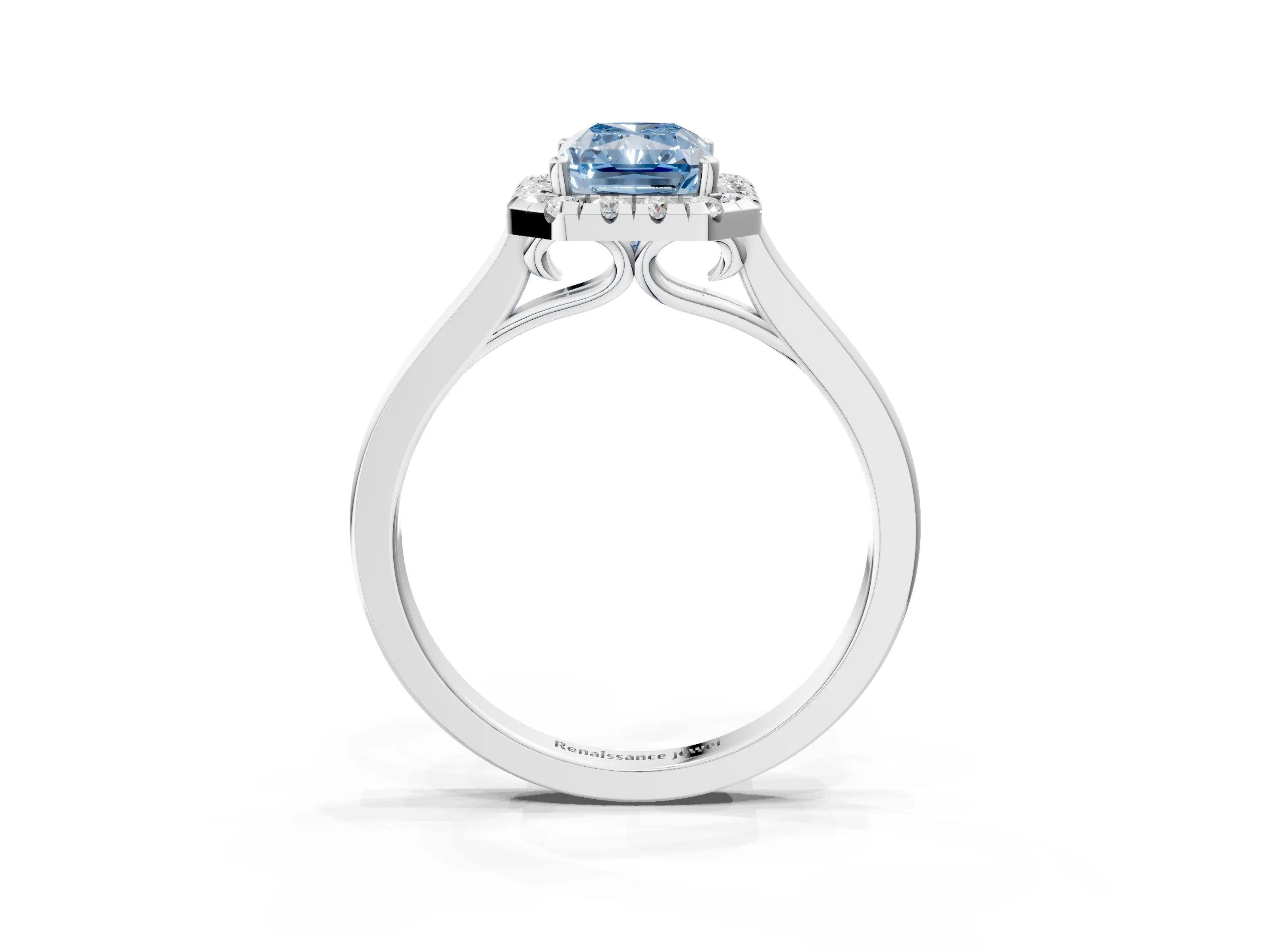 Silver Fancy Blue Radiant Cut Halo Round Diamond Solitaire Ring with Pavé Band and Four-Prong Setting_27