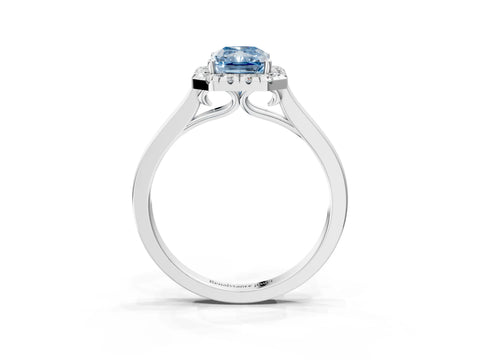 Silver Fancy Blue Radiant Cut Halo Round Diamond Solitaire Ring with Pavé Band and Four-Prong Setting_27