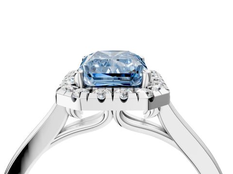 Silver Fancy Blue Radiant Cut Halo Round Diamond Solitaire Ring with Pavé Band and Four-Prong Setting_28