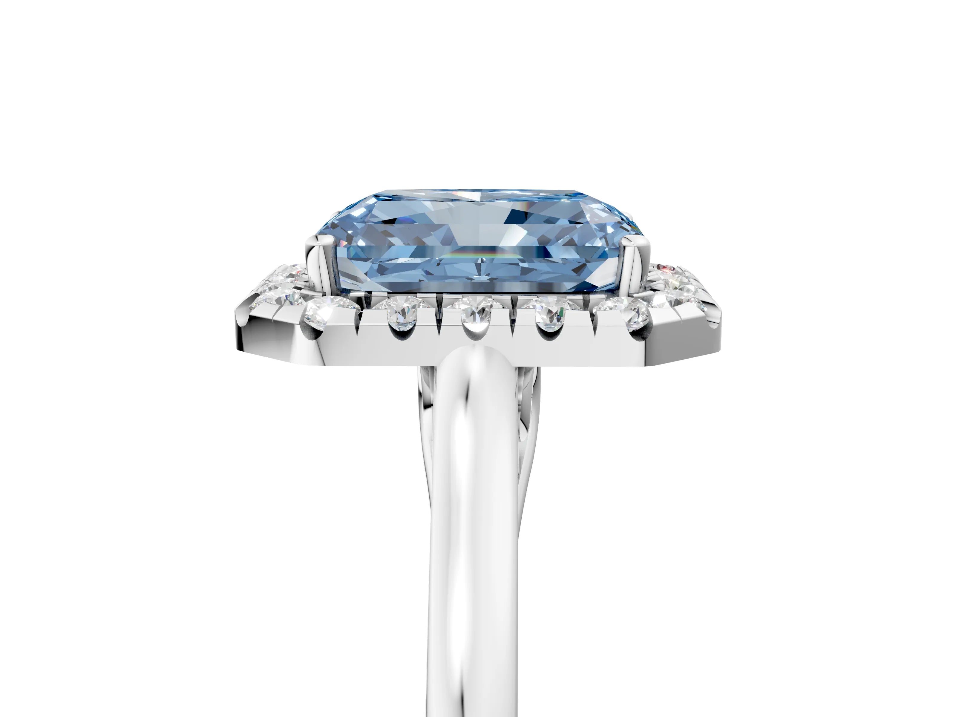 Silver Fancy Blue Radiant Cut Halo Round Diamond Solitaire Ring with Pavé Band and Four-Prong Setting_29