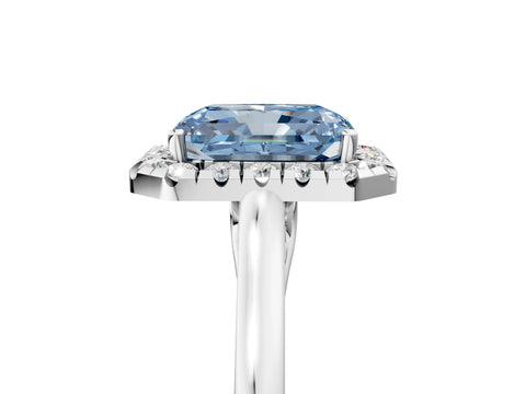 Silver Fancy Blue Radiant Cut Halo Round Diamond Solitaire Ring with Pavé Band and Four-Prong Setting_29