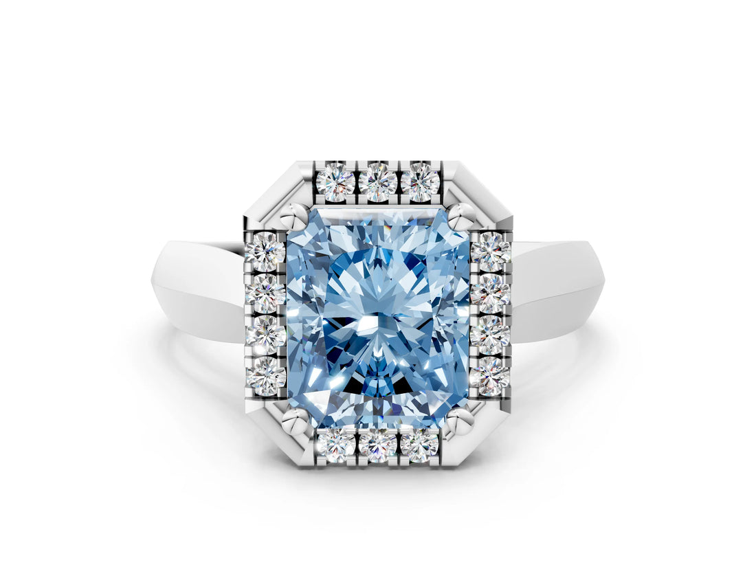 Silver Fancy Blue Radiant  Cut Halo Solitaire Engagement Ring with Square Band and Four-Prong Setting_12