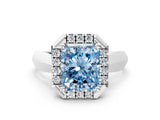 Silver Fancy Blue Radiant  Cut Halo Solitaire Engagement Ring with Square Band and Four-Prong Setting_12