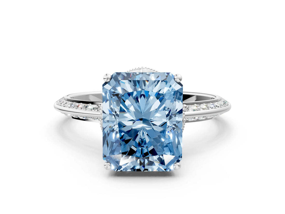 Silver Fancy Blue Radiant Cut Solitaire Split Shank Pave Diamond Engagement Ring with Four-Prong Setting_150