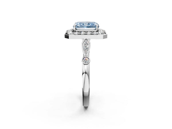 Sterling Silver Radiant Cut Bezel Station Halo Engagement Ring Setting for Fancy Blue Center