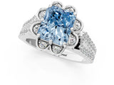 Silver Fancy Blue Radiant  Halo Diamond Floral Split Shank Engagement Ring 1