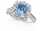 Silver Fancy Blue Radiant  Halo Milgrain Pave Diamond Ring with Four-Prong Setting 2
