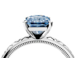 Silver Fancy Blue Radiant  Solitaire Diamond Engagement Ring with XO Engraved Band and Four-Prong Setting
