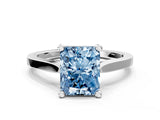 Silver Fancy Blue Radiant  Solitaire Diamond Ring with Four-Prong Setting and Tapered Band