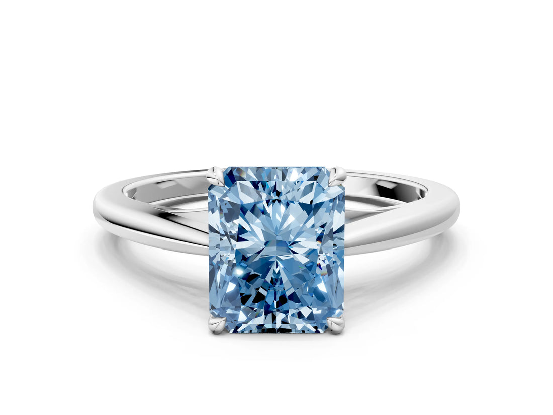 Silver Fancy Blue Radiant  Solitaire Engagement Ring with Four-Prong Setting and Classic Band