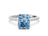 Silver Fancy Blue Radiant  Solitaire Twist Band Ring with Four-Prong Setting