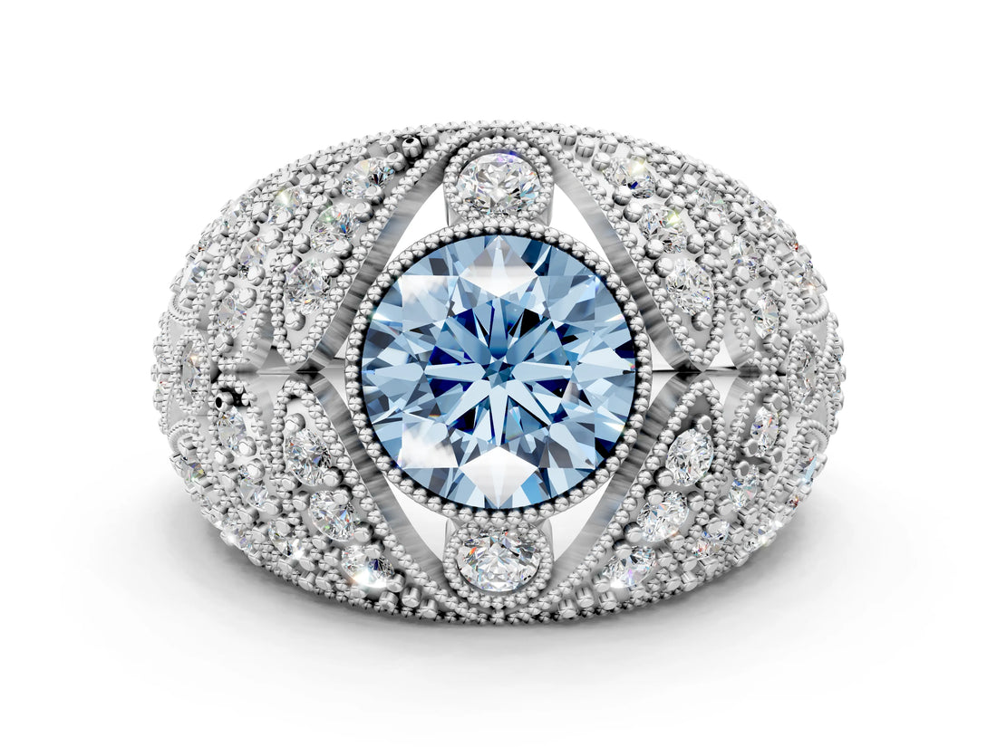 Silver Fancy Blue Round Cut Brilliant Halo Pave Diamond Milgrain Ring_6
