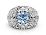 Silver Fancy Blue Round Cut Brilliant Halo Pave Diamond Milgrain Ring_6