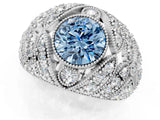 Silver Fancy Blue Round Cut Brilliant Halo Pave Diamond Milgrain Ring_7