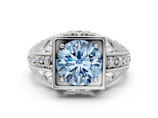 Silver Fancy Blue Round Cut Brilliant Milgrain Filigree Diamond Ring with Square Prong Setting
