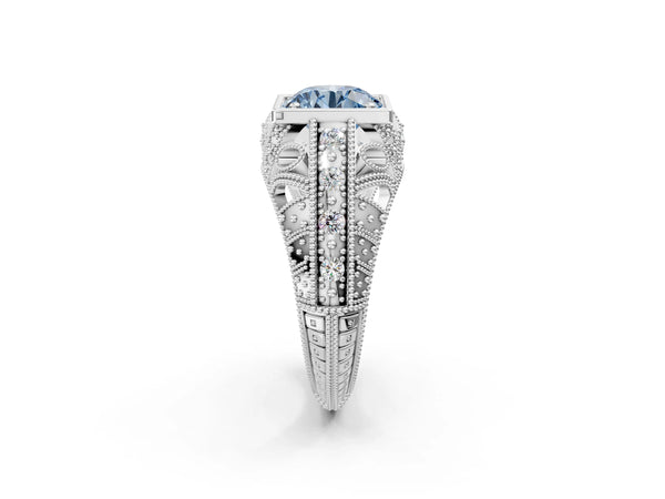 Silver Fancy Blue Round Cut Brilliant Milgrain Filigree Diamond Ring with Square Prong Setting