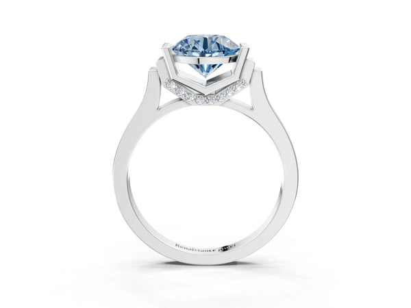 Silver Fancy Blue Round Cut Brilliant Solitaire Diamond Ring with Channel Set Band and Bar Prong Setting