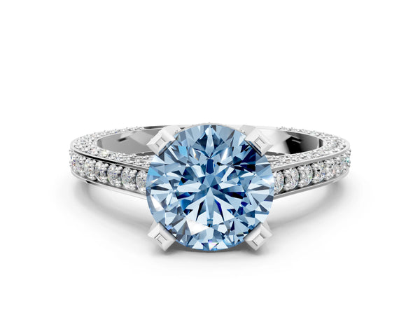 Silver Fancy Blue Round Cut Brilliant Split Shank Pave Solitaire Ring with Four-Prong Setting