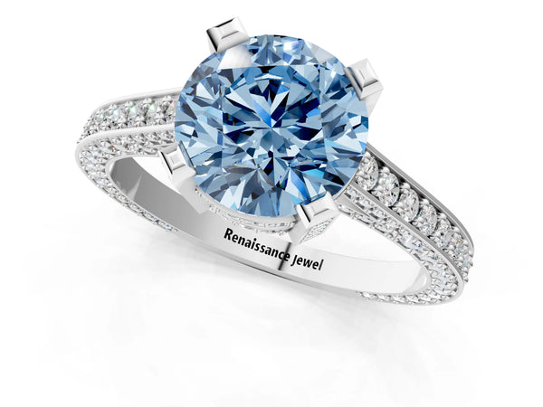 Silver Fancy Blue Round Cut Brilliant Split Shank Pave Solitaire Ring with Four-Prong Setting