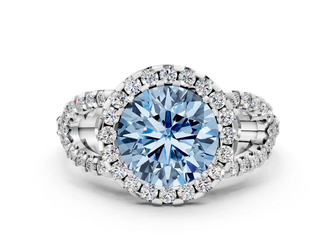 Silver Fancy Blue Round Cut Cut Diamond Halo Engagement Ring with Open Split Pavé Band_6