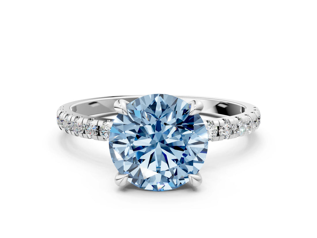 Silver Fancy Blue Round Cut Diamond Brilliant Solitaire Ring with Pavé Band and Four-Prong Setting_49