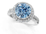Silver Fancy Blue Round Cut Diamond Double Halo Ring with Split Shank and Four-Prong Setting_7