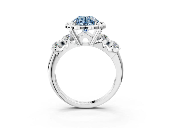 Sterling Silver Round Floral Engagement Ring Setting for Fancy Blue Center with Side Accents