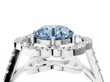 Silver Fancy Blue Round Cut Diamond Floral Halo Split Shank Prong Setting Ring_10