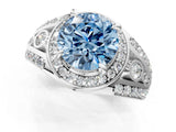 Silver Fancy Blue Round Cut Diamond Halo Ring with Split Shank and Bezel Accents and Four-Prong Setting_7