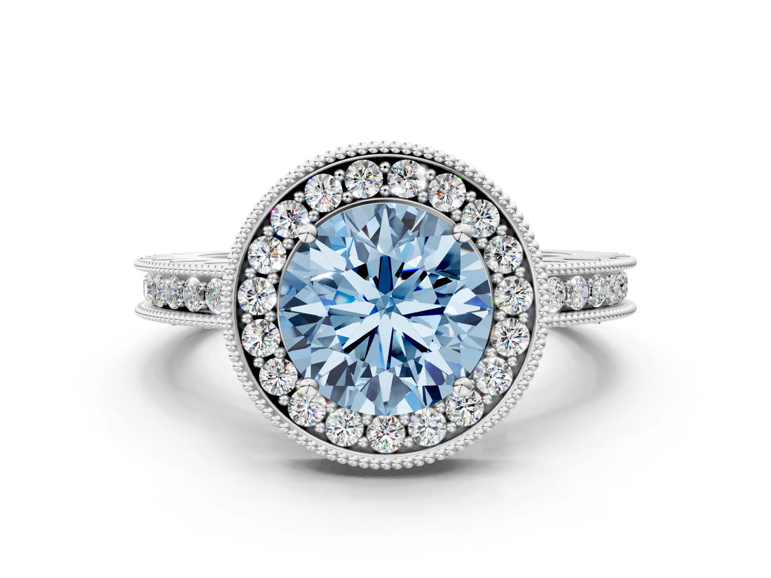 Silver Fancy Blue Round Cut Diamond Milgrain Halo Engagement Ring with Round Pavé Band and Prong Setting_12