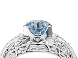 Silver Fancy Blue Round Cut Diamond Pave Art Deco Split Shank Ring with Four-Prong Setting_10