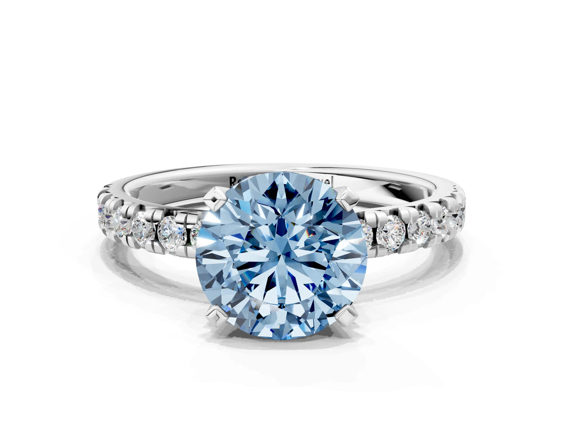 Silver Fancy Blue Round Cut Diamond Solitaire Pavé Engagement Ring with Round Band and Prong Setting_2