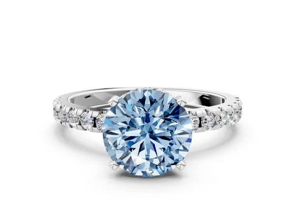 Sterling Silver Round Hidden Halo Solitaire Engagement Ring Setting for Fancy Blue Center with Single Row Pave Band