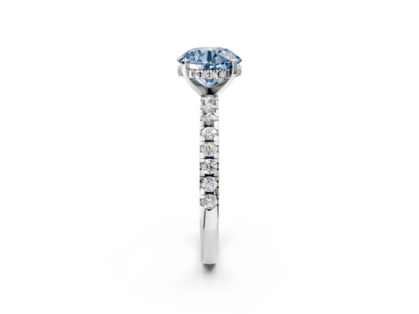 Sterling Silver Round Hidden Halo Solitaire Engagement Ring Setting for Fancy Blue Center with Single Row Pave Band