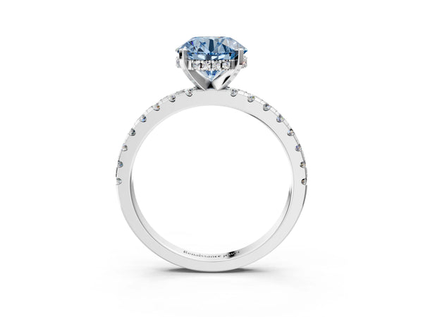 Sterling Silver Round Hidden Halo Solitaire Engagement Ring Setting for Fancy Blue Center with Single Row Pave Band
