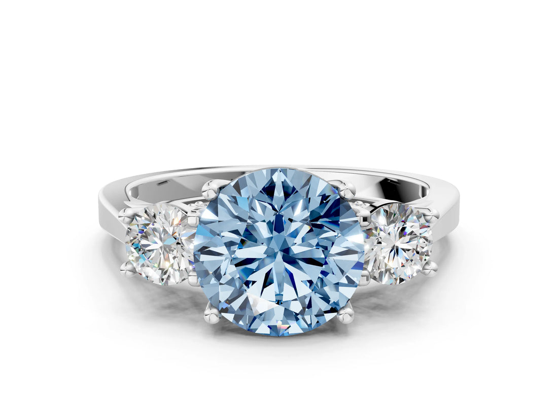 Silver Fancy Blue Round Cut Diamond Three-Stone Engagement Ring with Prong Setting and Pavé Band_6