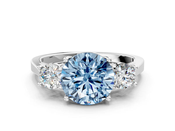 Silver Fancy Blue Round Cut Diamond Three-Stone Engagement Ring with Prong Setting and Pavé Band