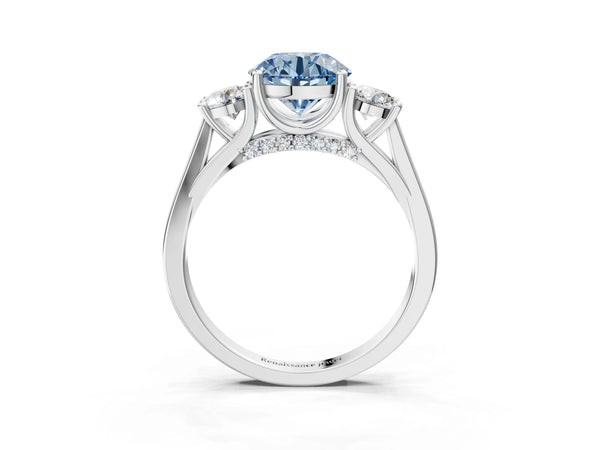 Silver Fancy Blue Round Cut Diamond Three-Stone Engagement Ring with Prong Setting and Pavé Band