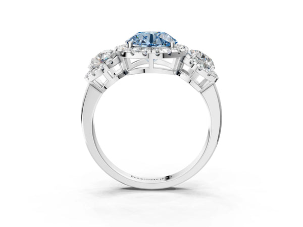 Sterling Silver Round Three Stone Halo Engagement Ring Setting for Fancy Blue Center
