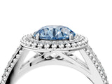 Silver Fancy Blue Round Cut Halo Diamond Ring with Beaded Split Shank and Four-Prong Setting_10