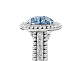 Silver Fancy Blue Round Cut Halo Diamond Ring with Beaded Split Shank and Four-Prong Setting_11