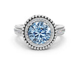 Silver Fancy Blue Round Cut Halo Diamond Ring with Beaded Split Shank and Four-Prong Setting_6