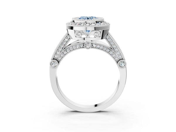 Sterling Silver Round Vintage Bezel Halo Engagement Ring Setting for Fancy Blue Center