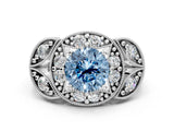 Silver Fancy Blue Round Cut Halo Milgrain Diamond Engagement Ring with Leaf Band and Four-Prong Setting_12