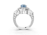 Silver Fancy Blue Round Cut Halo Milgrain Diamond Engagement Ring with Leaf Band and Four-Prong Setting_15